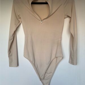 Beige Long Sleeve Zip Bodysuit